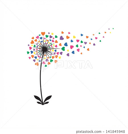 Stylized dandelion illustration with a black stem and colorful hearts blowing away like seeds on a white background. Stylized dandelion illustration with a black stem and colorful hearts blowing away like seeds on a white background. 141845948