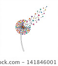 Hand-drawn line art illustration of a dandelion with colorful heart-shaped seeds blowing away in the wind on a white background. 141846001