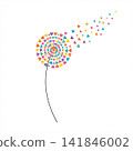 Minimalist vector illustration of a dandelion with a curved stem and colorful heart-shaped seeds blowing away on a white background. 141846002
