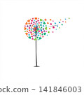 Stylized vector dandelion illustration with a straight black stem, colorful heart-shaped seeds, and scattered hearts blowing in the wind. 141846003
