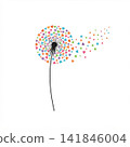Minimalist vector graphic of a dandelion with a thin curved stem, a black center, and colorful heart-shaped seeds blowing to the right. 141846004