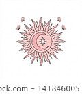 Pink celestial illustration featuring a central sun with wavy rays, a crescent moon, a star, and four small butterflies on a white background. 141846005