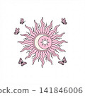 Pink celestial illustration of a wavy sun containing a crescent moon and star, surrounded by four detailed butterflies on a white background. 141846006