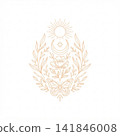 Minimalist beige line art emblem featuring a sun, crescent moon, star, flower, butterfly, and delicate laurel branches on a white background. 141846008