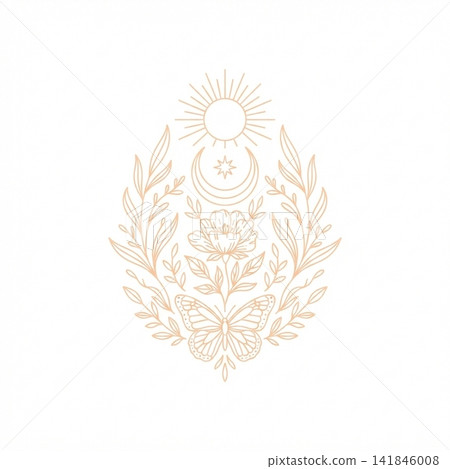 Minimalist beige line art emblem featuring a sun, crescent moon, star, flower, butterfly, and delicate laurel branches on a white background. Minimalist beige line art emblem featuring a sun, crescent moon, star, flower, butterfly, and delicate laurel branches on a white background. 141846008