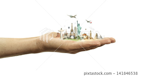 World travel and cultural heritage concept,global landmarks in hand. World travel and cultural heritage concept,global landmarks in hand. 141846538