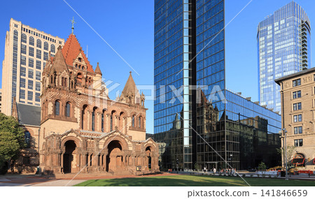 Trinity Church in late afternoon surrounded by skyscrapers in Boston, USA Trinity Church in late afternoon surrounded by skyscrapers in Boston, USA 141846659