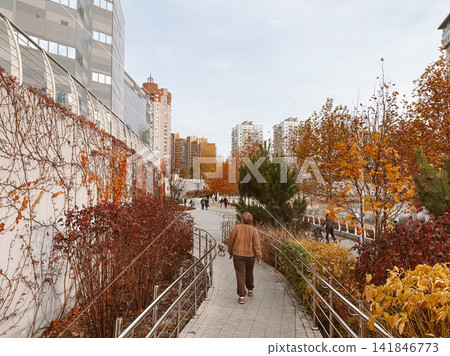 Woman walking with a small dog through a landscaped urban park in autumn, surrounded by colorful foliage and modern apartment buildings. Peaceful city lifestyle, outdoor recreation, seasonal scenery. Woman walking with a small dog through a landscaped urban park in autumn, surrounded by colorful foliage and modern apartment buildings. Peaceful city lifestyle, outdoor recreation, seasonal scenery. 141846773