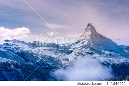 Snowy Matterhorn Mountain Panorama at Sunrise in the Swiss Alps Snowy Matterhorn Mountain Panorama at Sunrise in the Swiss Alps 141846911