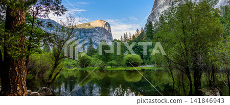 Yosemite Mountain Lake Landscape with Forest Reflections 141846943
