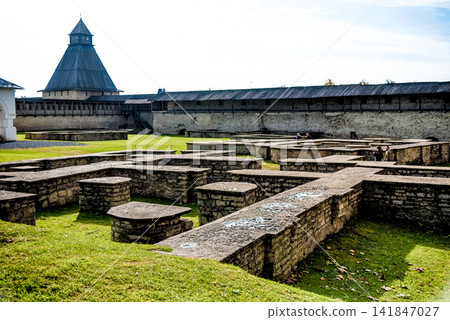 Pskov Fortress old town stone heritage fortification building bastion, Russia Pskov Fortress old town stone heritage fortification building bastion, Russia 141847027