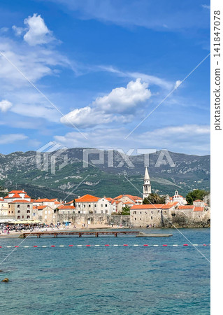 View from Adriatic Sea to Old Town of Budva Fortress bastion tower, Montenegro View from Adriatic Sea to Old Town of Budva Fortress bastion tower, Montenegro 141847078