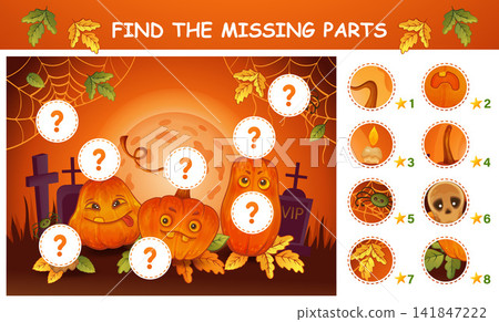 Find missing pieces Halloween holiday pumpkin lanterns picture, match parts. Children education puzzle game. Mystery monster characters on cemetery. Complete drawing. Kid logical learning task. Vector Find missing pieces Halloween holiday pumpkin lanterns picture, match parts. Children education puzzle game. Mystery monster characters on cemetery. Complete drawing. Kid logical learning task. Vector 141847222