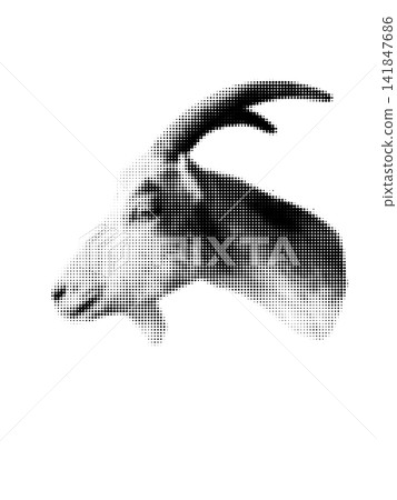 Halftone goat head isolated on a transparent background, vintage dotted illustration for farm, animal, and rustic design themes. Halftone goat head isolated on a transparent background, vintage dotted illustration for farm, animal, and rustic design themes. 141847686