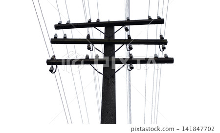 Old weathered utility pole with power lines and insulators PNG , isolated on transparent background Old weathered utility pole with power lines and insulators PNG , isolated on transparent background 141847702