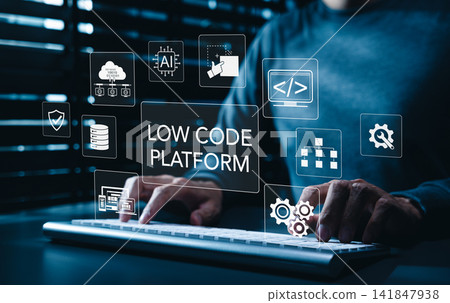 Low code platform development concept. app building icons, visual programming, workflow automation, AI integration, cloud database, responsive design, rapid digital transformation, no code technology Low code platform development concept. app building icons, visual programming, workflow automation, AI integration, cloud database, responsive design, rapid digital transformation, no code technology 141847938