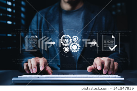 AI document processing automation concept. Businessman using AI tools and virtual file workflow, representing document summarization, text analysis, smart review, approval validation, data extraction AI document processing automation concept. Businessman using AI tools and virtual file workflow, representing document summarization, text analysis, smart review, approval validation, data extraction 141847939