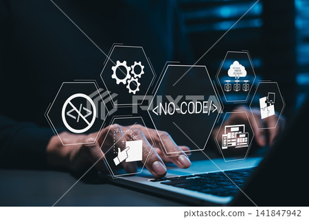 No-code software development and visual programming concept. Programmer using laptop with NO-CODE icons, prohibited coding sign, app builder, drag-drop. low-code platform, modular software creation, No-code software development and visual programming concept. Programmer using laptop with NO-CODE icons, prohibited coding sign, app builder, drag-drop. low-code platform, modular software creation, 141847942
