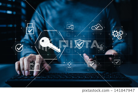 Encryption key passkeys. Secure passwordless authentication technology. digital access key, cloud verification, identity check, lock protection, device approval, cybersecurity, trusted login security Encryption key passkeys. Secure passwordless authentication technology. digital access key, cloud verification, identity check, lock protection, device approval, cybersecurity, trusted login security 141847947