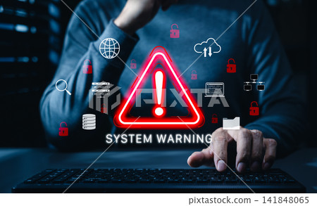 System warning and cybersecurity alert concept featuring danger triangle, unlocked padlocks, server, cloud, database, network icons. system breach warning, data risk detection, IT security monitoring System warning and cybersecurity alert concept featuring danger triangle, unlocked padlocks, server, cloud, database, network icons. system breach warning, data risk detection, IT security monitoring 141848065