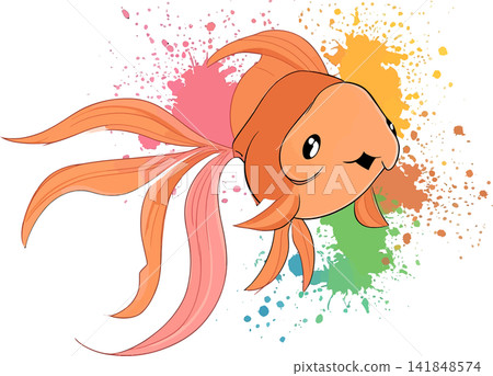 A vibrant goldfish swims amidst a colorful splash background. A vibrant goldfish swims amidst a colorful splash background. 141848574
