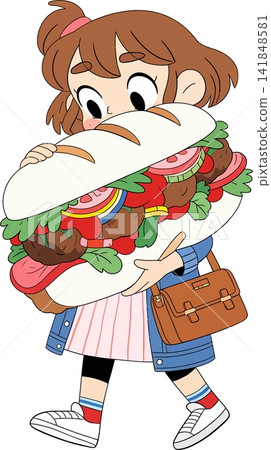 A cheerful young girl playfully hides behind a giant hamburger. A cheerful young girl playfully hides behind a giant hamburger. 141848581
