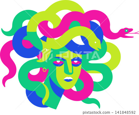 A stylized portrait of a woman surrounded by vibrant, swirling snakes. A stylized portrait of a woman surrounded by vibrant, swirling snakes. 141848592