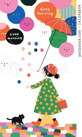 A charming illustration of a young girl and her cat enjoying a colorful morning walk. A charming illustration of a young girl and her cat enjoying a colorful morning walk. 141848604