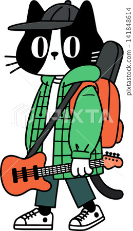 A stylized illustration of a cat playing a guitar. A stylized illustration of a cat playing a guitar. 141848614
