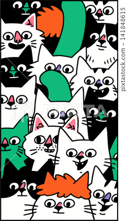 A vibrant and playful illustration of numerous stylized cats against a contrasting background. A vibrant and playful illustration of numerous stylized cats against a contrasting background. 141848615