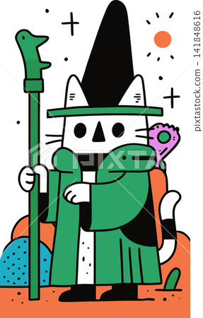 A whimsical illustration of a green cat wizard. 141848616
