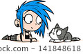A young woman with vibrant blue hair and a curious cat share a quiet moment. A young woman with vibrant blue hair and a curious cat share a quiet moment. 141848618