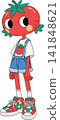 A whimsical illustration of a character with a tomato head, dressed in playful, youthful attire. 141848621