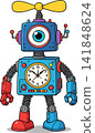 A whimsical cartoon robot with a clock face and propeller. A whimsical cartoon robot with a clock face and propeller. 141848624