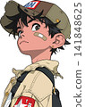 A young boy with a slightly distressed expression wears a military-style cap and jacket, hinting at an adventurous, perhaps slightly clumsy, situation. A young boy with a slightly distressed expression wears a military-style cap and jacket, hinting at an adventurous, perhaps slightly clumsy, situation. 141848625