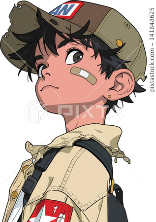 A young boy with a slightly distressed expression wears a military-style cap and jacket, hinting at an adventurous, perhaps slightly clumsy, situation. A young boy with a slightly distressed expression wears a military-style cap and jacket, hinting at an adventurous, perhaps slightly clumsy, situation. 141848625