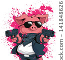 A cartoon pig dressed as a gangster holds two pistols. A cartoon pig dressed as a gangster holds two pistols. 141848626
