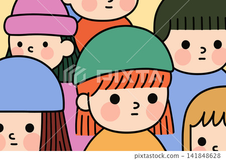 A whimsical illustration of a group of people bundled up in hats and scarves. A whimsical illustration of a group of people bundled up in hats and scarves. 141848628
