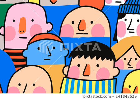 A vibrant and playful illustration depicting a group of stylized figures with unique expressions and clothing. A vibrant and playful illustration depicting a group of stylized figures with unique expressions and clothing. 141848629
