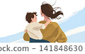 A mother and child silhouetted against a breezy sky. A mother and child silhouetted against a breezy sky. 141848630