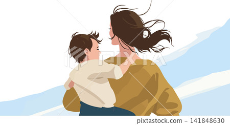 A mother and child silhouetted against a breezy sky. 141848630