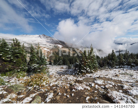 Summer mountain scenery after a sudden snowfall. Summer mountain scenery after a sudden snowfall. 141848780
