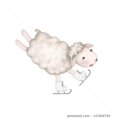 A funny sheep skating, done in watercolor in a vintage style. Hand-painted illustration isolated on a white background. For printing on cards, invitations, children's textiles, and New Year's A funny sheep skating, done in watercolor in a vintage style. Hand-painted illustration isolated on a white background. For printing on cards, invitations, children's textiles, and New Year's 141848784