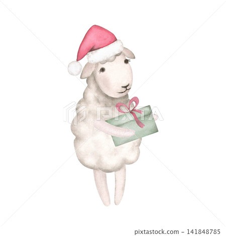 A funny sheep delivers a present in a Santa hat, done in watercolor in a vintage style. Hand-painted illustration isolated on a white background. For printing on cards, invitations, children's A funny sheep delivers a present in a Santa hat, done in watercolor in a vintage style. Hand-painted illustration isolated on a white background. For printing on cards, invitations, children's 141848785