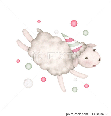 A cheerful sheep in a party hat jumping among balloons, done in watercolor in a vintage style. Hand-painted illustration isolated on a white background. For printing on cards, invitations, children's A cheerful sheep in a party hat jumping among balloons, done in watercolor in a vintage style. Hand-painted illustration isolated on a white background. For printing on cards, invitations, children's 141848786