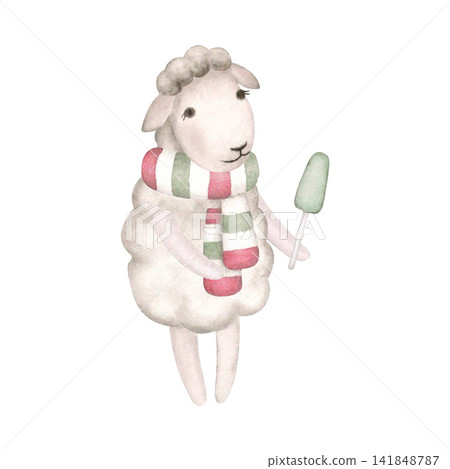 A funny sheep with ice cream and a Christmas scarf, done in watercolor in a vintage style. Hand-painted illustration isolated on a white background. For printing on cards, invitations, children's A funny sheep with ice cream and a Christmas scarf, done in watercolor in a vintage style. Hand-painted illustration isolated on a white background. For printing on cards, invitations, children's 141848787