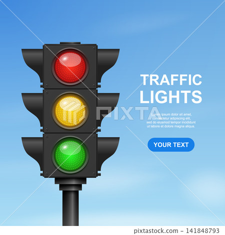 Traffic Light with Red Yellow and Green Signals, 3d Vector Illustration. Road Safety and Traffic Control Banner on Blue Background. Urban Transportation Poster Template Traffic Light with Red Yellow and Green Signals, 3d Vector Illustration. Road Safety and Traffic Control Banner on Blue Background. Urban Transportation Poster Template 141848793