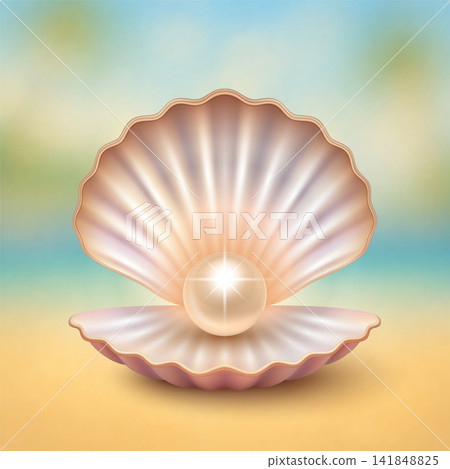 Pearl in Open Seashell on Beach Background, Vector Illustration. 3d Realistic Oyster Shell with Glowing Pearl. Summer Tropical Marine Treasure. Elegant Sea Nature Pearl in Open Seashell on Beach Background, Vector Illustration. 3d Realistic Oyster Shell with Glowing Pearl. Summer Tropical Marine Treasure. Elegant Sea Nature 141848825