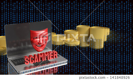 Online Scammer Hiding Behind Digital Mask and Laptop 3d render. Online Scammer Hiding Behind Digital Mask and Laptop 3d render. 141848926