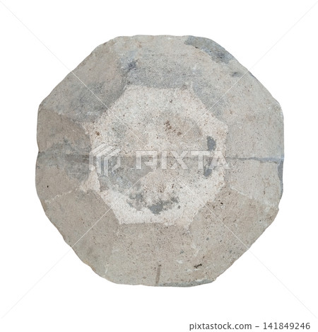 Isolated solid octagonal grey concrete cement block resting flat showing rough textured surface Isolated solid octagonal grey concrete cement block resting flat showing rough textured surface 141849246
